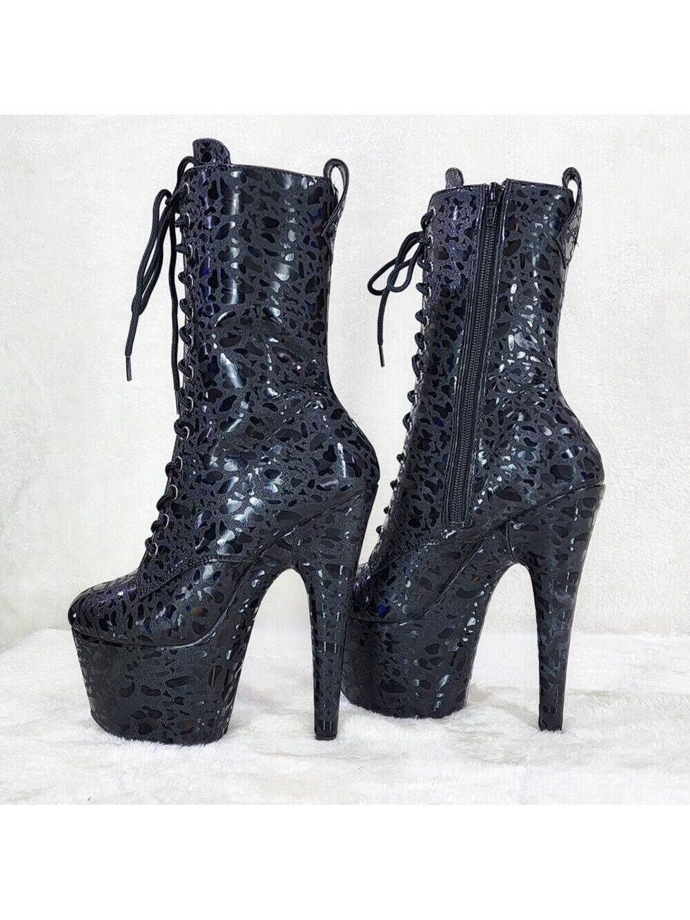 NIB Adore 1040 Black Leopard Hologram 7" High Heel Platform Mid Calf Ankle Boots - Picture 3 of 10